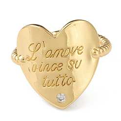 Golden Brass Cubic Zirconia Cuff Rings, Heart, Golden, Inner Diameter: 17.5mm, Pendant: 17.5x17mm