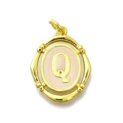 Letter Q Латунные подвески, с эмалью, овальный с буквой, реальный 18 k позолоченный, с целью перехода в кольце, Буква Q, 20x15~15.5x2 мм, отверстие : 3.5 мм