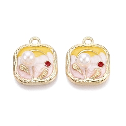 Розовый Подвески из эмали и сплава, квадратные и цветочные подвески, с ABS имитации жемчуга, золотой свет, туманная роза, 19x16x6 мм, отверстие : 1.8 мм