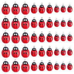 Red 30Pcs 3 Styles Opaque Resin Pendants, with Iron Loop, Ladybug, Red, 19~29x11~18.5x5~7.5mm, Hole: 2mm, 10pcs/style
