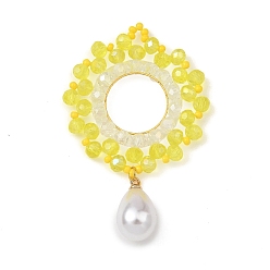 Yellow Glass & Brass Pendants, Ring with Teardrop Charms, with ABS Plastic Pearl, Faceted, Yellow, 58x37x10mm, Hole: 3x4mm