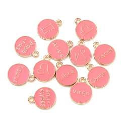 Pink Colgantes de la aleación del esmalte, dorado, plano redondo con encanto de constelación 12, rosa, 15x12.5x2 mm, agujero: 1.8 mm