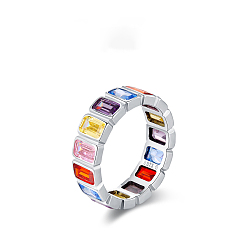 Rectangle 925 Кольца из стерлингового серебра с микропаве из разноцветных кубических цирконий, платина, прямоугольные, размер США 9 (18.9 мм)