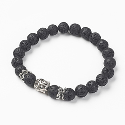 Lavastein Stretch-Armbänder aus natürlichem Lavastein, Perlen Stretch-Armbänder, mit Tibetischen Stil Perlen, Buddha-Kopf, Antik Silber Farbe, 2-1/4 Zoll (56 mm)