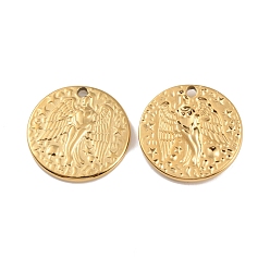 Real 18K Gold Plated Ion Plating(IP) 304 Stainless Steel Pendants, Flat Round with Angel Charm, Real 18K Gold Plated, 20x2.5mm, Hole: 1.8mm