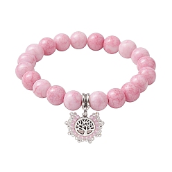 Бледно-Розовый 10.5круглые эластичные браслеты из непрозрачного стекла с кракле и бисером диаметром 7 мм., браслеты с подвесками «Древо жизни» из сплава, розовый жемчуг, внутренний диаметр: 2-1/8 дюйм (5.4 см)