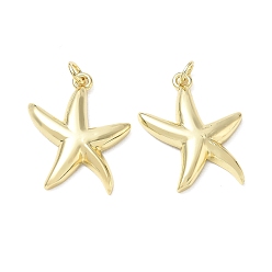 Chapado en Oro Real 18K Colgantes de latón, encantos de estrellas de mar, larga duración plateado, chapado en rack, sin plomo y el cadmio, real 18 k chapado en oro, 24x19x3.5 mm, agujero: 3 mm