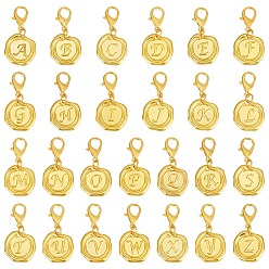 Золотой 26шт. плоские круглые с буквой a~z сплав подвесные украшения, Сплав с застежками когтя омара, золотые, 36 мм
