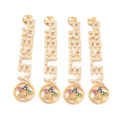 Настоящее золото 18K Кулоны из экологически чистой латуни с микропаве и кубическим цирконием, долговечный, без свинца, без кадмии и без никеля, реальный 18 k позолоченный, 51x12x2 мм, отверстие : 3 мм