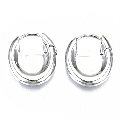 Real Platinum Plated Brass Huggie Hoop Earrings, Oval, Nickel Free, Real Platinum Plated, 23x18.5x3mm, Pin: 1mm