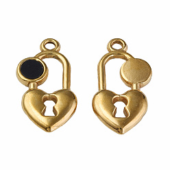 Golden 304 Stainless Steel Pendants, with Dyed Black Shell, Heart-Shaped Lock, Golden, 20x11x2.5mm, Hole: 1.6mm
