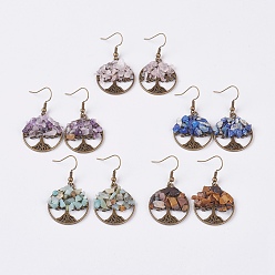 Mixed Stone Natural Mixed Gemstone Dangle Earrings, with Brass Earring Hooks and Alloy Findings, Tree of Life, Antique Bronze, 46mm, Pin: 0.5mm