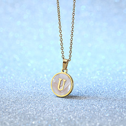 Letter U Плоские круглые ожерелья с инициалами из нержавеющей стали с натуральными белыми ракушками для женщин, золотые, цвет морской раковины, Буква U, 18.11 дюйм (46 см)