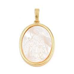 Real 18K Gold Plated Brass with White Shell Pendants, Oval with Virgin Mary Charms, Long-Lasting Plated, Lead Free & Cadmium Free, Rack Plating, Real 18K Gold Plated, 25x18x3mm, Hole: 5x4mm