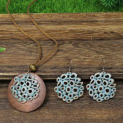 Плоский Круглый Ожерелья и комплекты серег-подвесок из сплава эмали и дерева, Красная медь, плоско-круглые, 57x37 мм