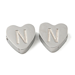 Letter N Устойчивы к потускнению 304 бусины из нержавеющей стали, сердце с письмом, цвет нержавеющей стали, Письмо N, 7x8x3 мм, отверстие : 2 мм