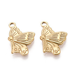 Настоящее золото 18K 304 из нержавеющей стали бабочки подвески, ионное покрытие (ip), реальный 18 k позолоченный, 17x12.5x2 мм, отверстие : 2 мм