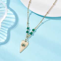 Зеленый Подвеска в форме сердца с изображением сглаза из кубических цирконий из латуни 304 Женские ожерелья-спутники из нержавеющей стали, с бусинами из натурального окрашенного белого нефрита, золотые, зелёные, 18.39 дюйм (46.7 см)