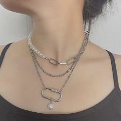 Платина 3 шт. пластиковый жемчужный круглый бисер и овальная цепочка с подвеской из сплава 3 многослойные ожерелья для женщин, белые, платина, 13.78~17.72 дюйм (35~45 см)