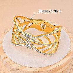 Золотой 304 Браслеты из нержавеющей стали с кристаллами и стразами для женщин, лист, золотые, внутренний диаметр: 2-3/8 дюйм (6 см)