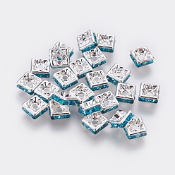 Аквамарин Латунные бусины разделители для поставки стразов, класс А, без никеля , серебрянный металл, квадратный, аквамарин, 6x6x3 мм, отверстие : 1 мм