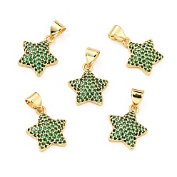 Зеленый Латунные микро проложить кубического циркония подвески, реальный 18 k позолоченный, долговечный, без свинца, без кадмии и без никеля, звезда, зелёные, 15x13x4 мм, отверстие : 4x3 мм