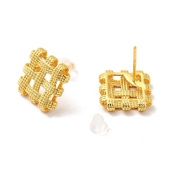 Golden Brass Woven Rhombus Stud Earrings with 925 Sterling Silver Pins for Women, Golden, 16x16mm, Pin: 0.7mm