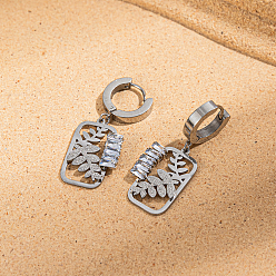 Серебро Винтажные 201 серьги-кольца из нержавеющей стали с полыми листьями, с четким кубического циркония, серебряные, 37x15 мм