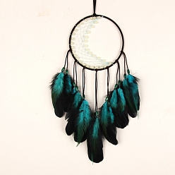 чирок Тканая сетка/паутина с подвесными украшениями из перьев, Синтетические светящиеся каменные лунные подвески для домашнего декора гостиной спальни, зелено-синие, 450x160 мм