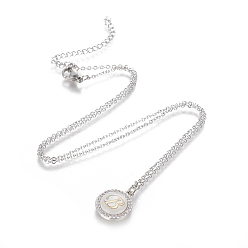 Letter B Brass Initial Pendant Necklaces, with Shell, Cubic Zirconia and 304 Stainless Steel Cable Chains, Flat Round with Letter, Letter.B, 17.5 inch(44.5cm), 1.5mm