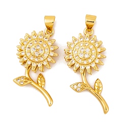 Clear Brass Micro Pave Cubic Zirconia Pendants, Real 18K Gold Plated Sunflower Charms, Clear, 28x14x6mm, Hole: 5x3.5mm
