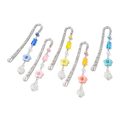 Mixed Color Tibetan Style Alloy Hook Bookmarks, Acrylic Pendant Bookmark, Bear/Flower, Mixed Color, 142mm