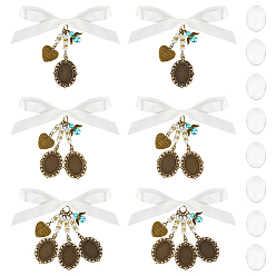 Antique Bronze 6Pcs 3 Styles Alloy Oval Tray Brooch Base Settings, with Heart Charms, with Glass Pearl Round Beads and Polyester Ribbon Bowknot, Antique Bronze, 110mm, 2pcs/style