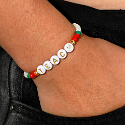 Белый День учителя круглые бусины ракушки эластичные браслеты для мужчин и женщин, яблоко и слово учить, с полимерной глиной и поздравительной открыткой, белые, внутренний диаметр: 6-7/8 дюйм (17.5 см)