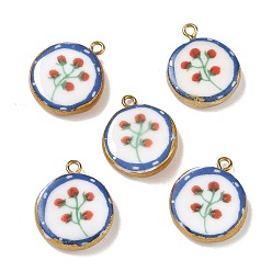 Real 18K Gold Plated Printed Handmade Porcelain Pendants, with 304 Stainless Steel Findings, Flat Round with Flower Charms, Long-Lasting Plated, Colorful, Real 18K Gold Plated, 22.5~23x19~19.5x5.5mm, Hole: 2mm