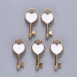 Белый Подвески из эмали и сплава, Сердце ключевых, золотой свет, белые, 16x7x2.5 мм, отверстие : 1.8 мм