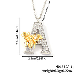 Letter A Подвеска в виде пчелы с микропаве из прозрачного кубического циркония в виде микрофибры, латунная, с инициалами., платиной и золотом, буква a, 15.75 дюйм (40 см), Кулон : 29x25 мм