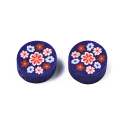 Indigo Handmade Polymer Clay Beads, Flat Round with Flower, Indigo, 9~10x4~4.5mm, Hole: 1.2~1.8mm