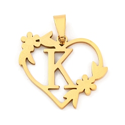 Letter K Ионное покрытие (ip) 201 подвески из нержавеющей стали, сердце с подвесками в виде букв, золотые, Письмо K, 23x25x1.5 мм, отверстие : 7.5x3.5 мм