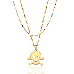 Golden 304 Stainless Steel Skeleton Pendant Necklaces, Adjustable Skull Charm Necklace, Beaded Double Layer Necklaces, Simple Cool Neck Jewelry Gift for Women Men, Golden, 17.72 inch(45cm)