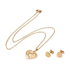 Золотой 304 сердце из нержавеющей стали с надписью love u mama, серьги-гвоздики и колье с подвеской, комплект украшений на день матери, золотые, 17.71 дюйм (45 см), 8x9x1 мм, штифты : 0.8 мм