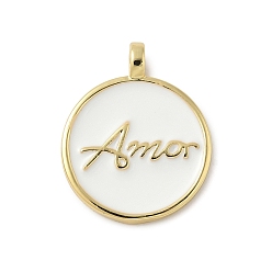 Белый Латунь эмаль подвески, плоский круглый с надписью amor брелок, без свинца и без кадмия, долговечный, стойки покрытие, реальный 18 k позолоченный, белые, 18x15x2 мм, отверстие : 2.3 мм