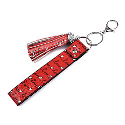 Red PU Leather Tassel Keychain, with Rhinestone, Plastic, Alloy Lobster Claw Clasps and Iron Split Key Rings, for Valentine's Day, Word Love Pattern, Platinum, Red, 22.7cm