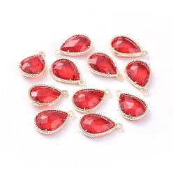 Красный Стеклянные подвески, с фурнитурой Berzel с открытой спиной из экологически чистого сплава, граненые, слеза, золотой свет, красные, 18x12x5 мм, отверстие : 1.4 мм