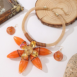 Orange Red Aluminum & Resin Flower Statement Jewelry Set, Chunky Bib Necklace & Dangle Earrings Sets for Women, Orange Red,  480~550mm