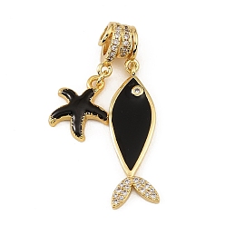 Black Brass Micro Pave Clear Cubic Zirconia Pendents, with Enamel, Fish and Starfish Charms, Rack Plating, Long-Lasting Plated, Cadmium Free & Lead Free, Real 18K Gold Plated, Black, 42mm, Hole: 3mm