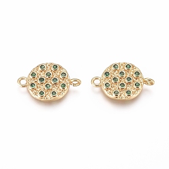 Green Brass Micro Pave Cubic Zirconia Links connectors, Flat Round, Golden, Green, 17.5x12x3mm, Hole: 1.6mm