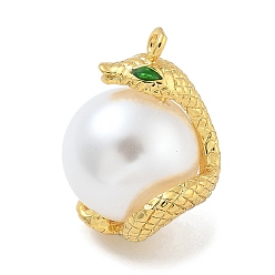 Настоящее золото 18K Стойки обшивки латунные подвески, с пластмассовой жемчужиной abs, долговечный, без свинца и без кадмия, змея, реальный 18 k позолоченный, 22x16x16 мм, отверстие : 1.2 мм