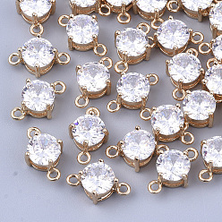 Прозрачный Прозрачные стеклянные соединители звеньев, с латунной фурнитурой , граненые, плоско-круглые, золотой свет, прозрачные, 12x7.5x5 мм, отверстие : 1.2 мм