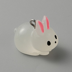 Белый Подвески из светящейся полупрозрачной смолы, очарование кролика, светится в темноте, с платиновым покрытием 304 петлями из нержавеющей стали, белые, 19x24.5x16 мм, отверстие : 2 мм